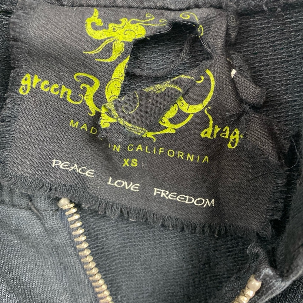 Y2K Asian Dragon Peace Love Freedom Zip Up Hoodie Green Dragon XS Extra Small - Picture 6 of 8